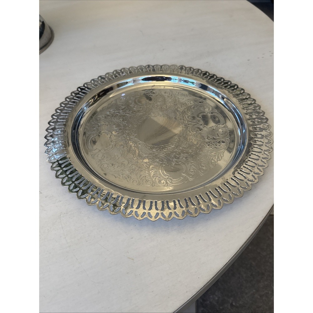 Home Decorators Inc Silver Plated Round Tray Platter pierced scalloped 13"